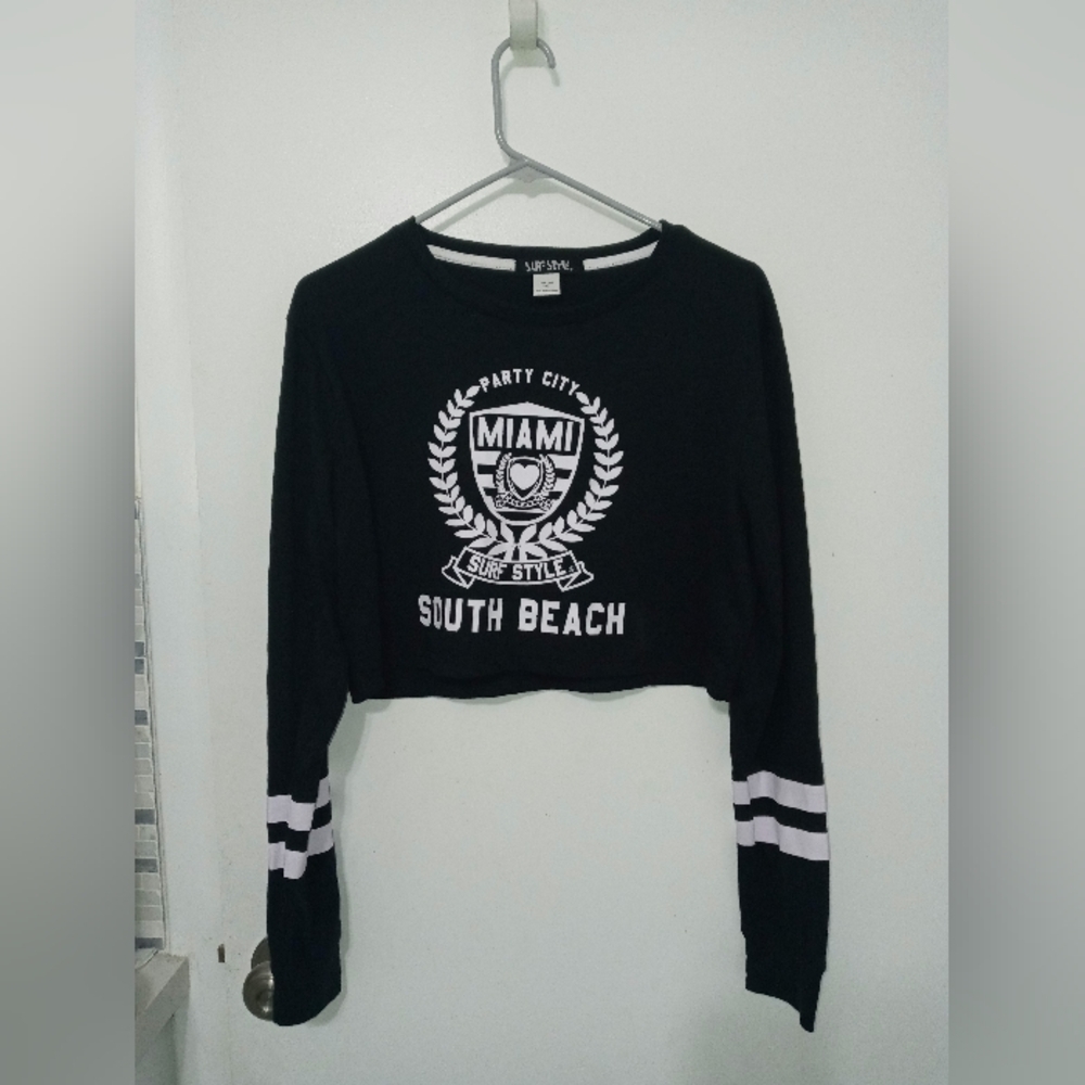 Surf Style Long Sleeve Cropped South Beach Party City T Shirt Large